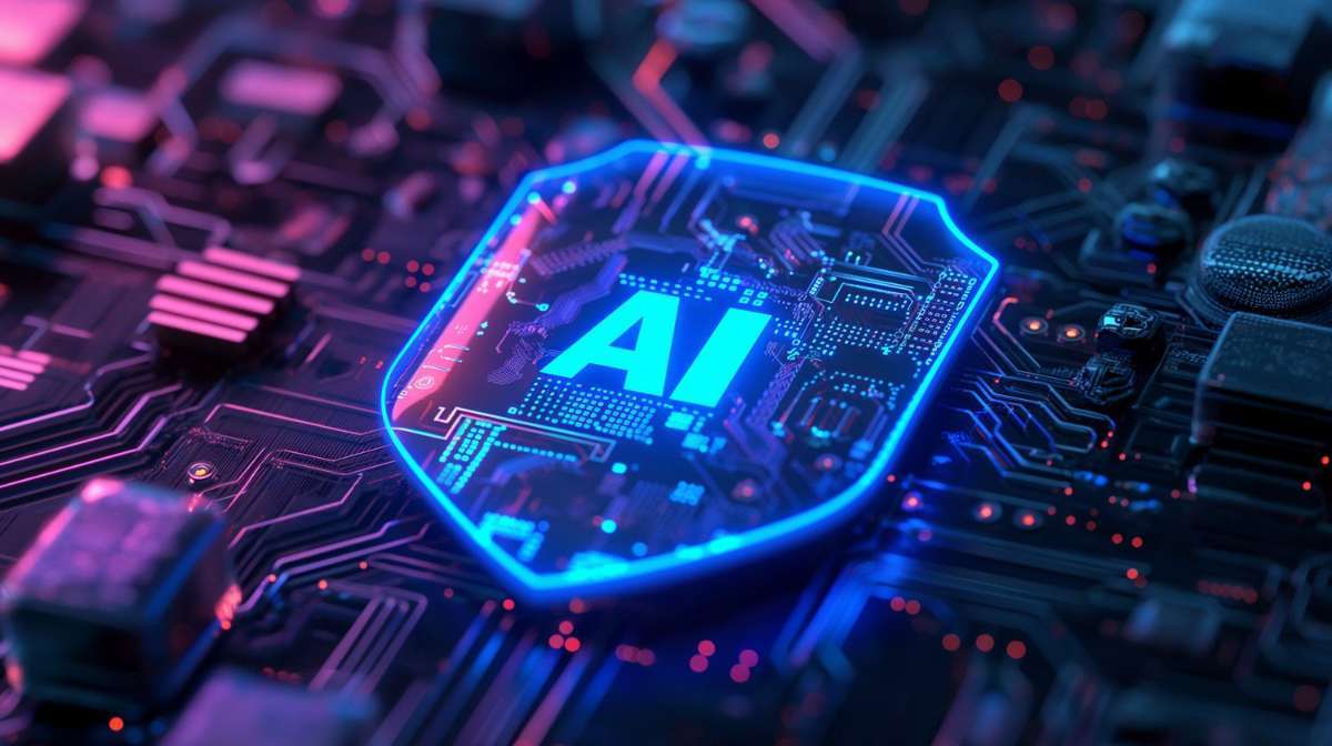 Close-up of a glowing circuit board with a blue shield in the center, displaying "AI" in bold letters. The scene conveys a futuristic tech vibe.