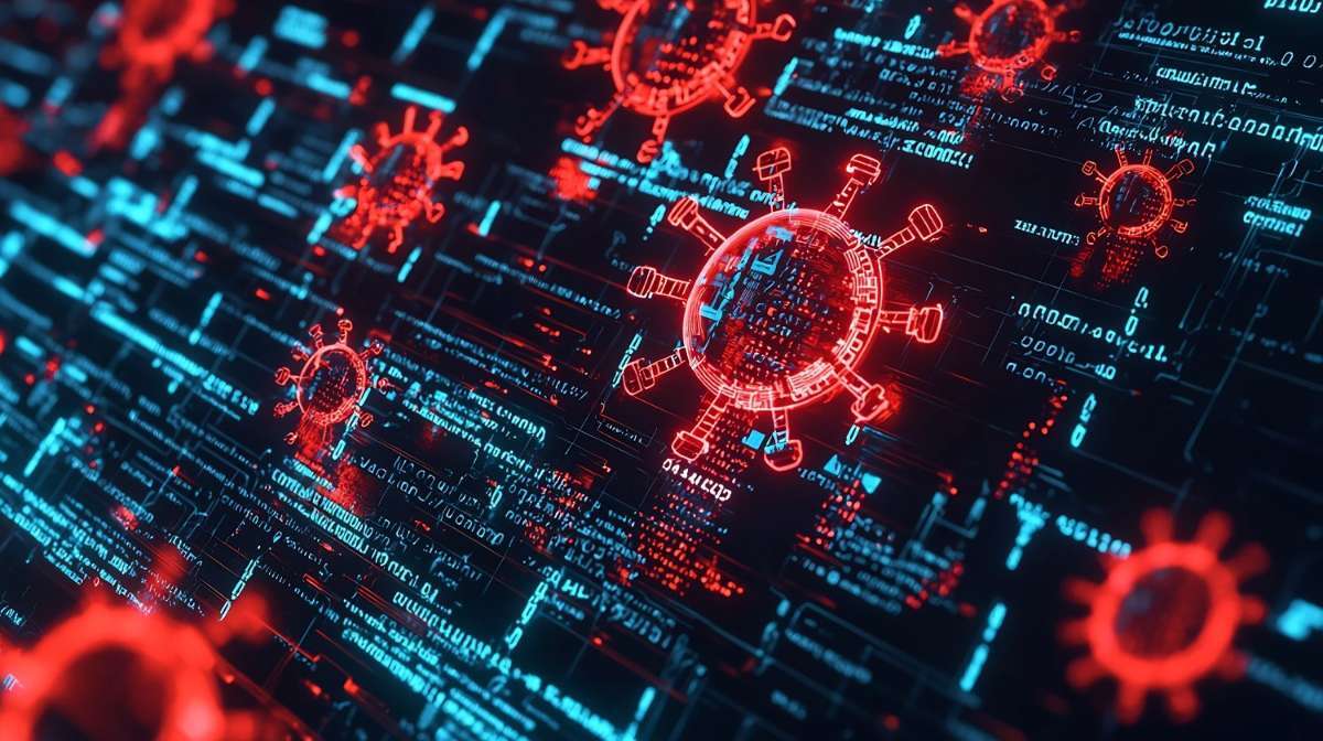 Red digital virus icons over blue digital code background, conveying a concept of cybersecurity threats. The mood is tense and urgent.