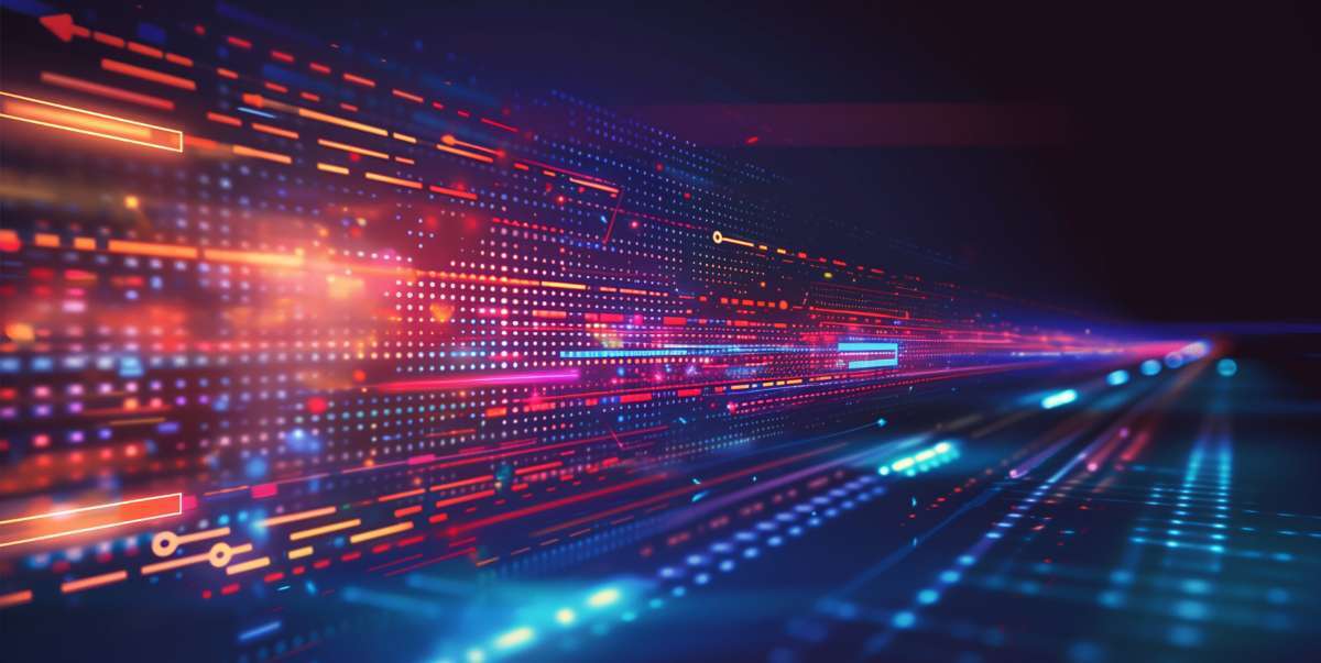 Abstract digital background with vibrant lines, dots, and glowing gradients in blue, red, and orange hues, creating a dynamic, futuristic atmosphere.