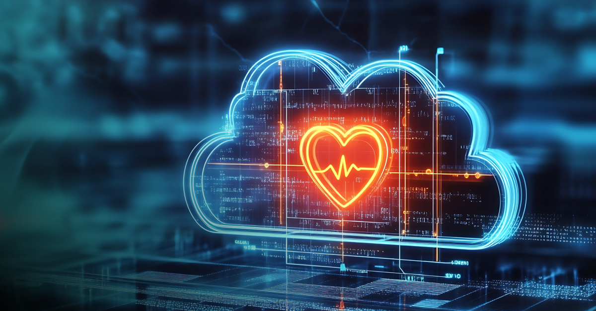 Neon cloud icon with a red heart and EKG line on a digital blue background. Symbolizes cloud computing and health technology. Futuristic and dynamic.