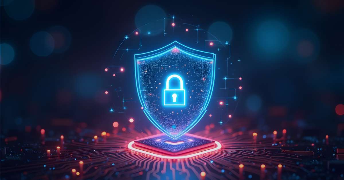 A glowing digital shield with a padlock symbolizes cybersecurity. The shield hovers over a circuit board, emanating a secure and futuristic vibe.